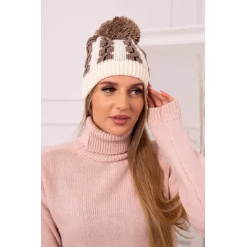 Čepice Dámská čepice s bambulí Rozalia K323 mocca+ecru UNI