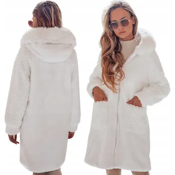 Dámský kabát Dámský dlouhý kožich s kapucí bílý TY4983 - L