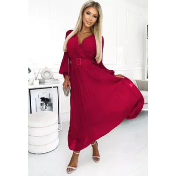 Dámské šaty 414-9 KLARA plisované šaty s páskem a výstřihem - bordó UNI