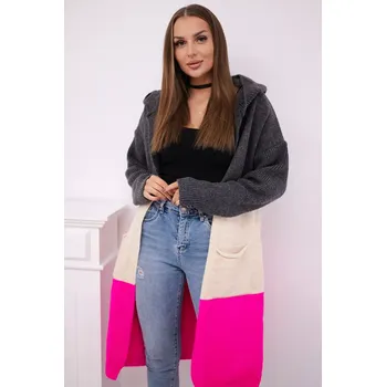 Dámský svetr Pruhovaný svetr s kapucí grafit + béžová + růžová neonová UNI