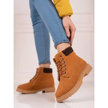 Dámská zimní obuv Stylové kotníčkové boty dámské hnědé na plochém podpatku 41