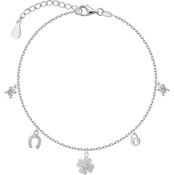 Náramek Stříbrný náramek se zirkony – čtyřlístek, podkova, visací zámek - AP537-6860