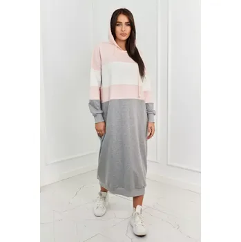 Dámské šaty Trikolorní šaty s kapucí pudrově růžová + ecru + šedá UNI