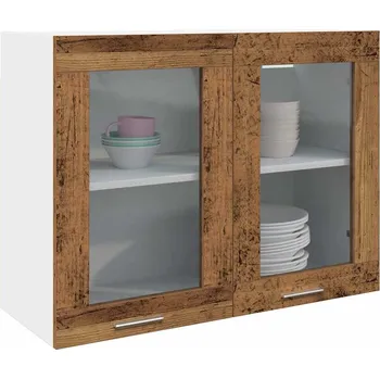 Příborník do zásuvky Závěsná skleněná skříňka "Lyon" staré dřevo 80 x 31 x 60 cm, umělé dřevo