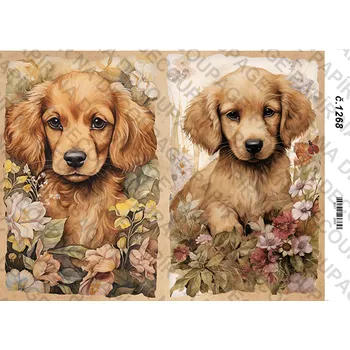 Umělecký papír Rýžový a soft papír na decoupage - Štěňátka s květinami- KB01268 Materiál: Soft, Rozměr: A4