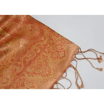 Šála Hedvábná šála Jamawar střední - Bronzová a červená s ornamenty 2