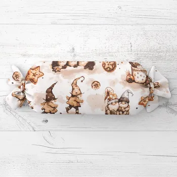 Dekorativní polštářek Polštář válec bonbon Sandra SA-663 Hnědí skřítci s perníčky na bílém 15x80 cm