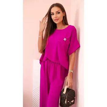 Dámský komplet z viskózy s ozdobným květem a širokými kalhotami - tmavě fialový UNI