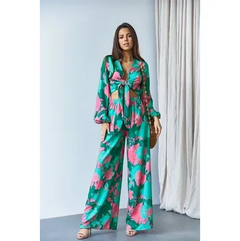 Dámská halenka Zelená souprava - zavazovací halenka s široké kalhoty (8175) odstíny zelené L (40)