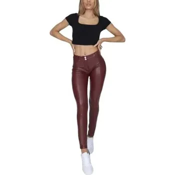 Dámské kalhoty Dámské kalhoty Hugz Black Faux Leather Mid Waist - HUGZJEANS XL bordó