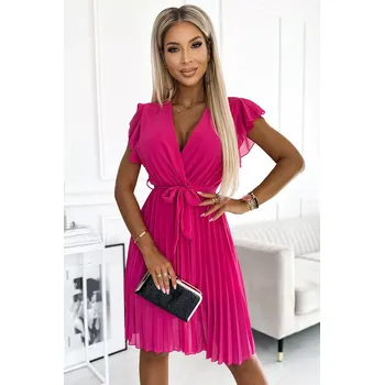 Dámské šaty 424-2 Šifonové plisované šaty s výstřihem a volánky - RŮŽOVÁ barva barbie UNI