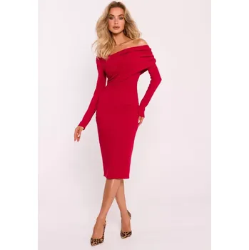 Dámské šaty M820 Asymetrické šaty s výstřihem z žebrového úpletu - červené EU L/XL