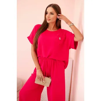 Dámská halenka Dámský komplet z viskózy s ozdobným květem a širokými kalhotami - fuchsie UNI