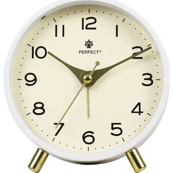 Budík Bílý analogový budík s plynulým chodem, odložením buzení a podsvícením, na baterie