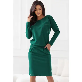 Dámské šaty 189-13 Teplákové šaty s dlouhým rukávem a kapsami - pohodlný střih s výstřihem na zádech - zelené XXL