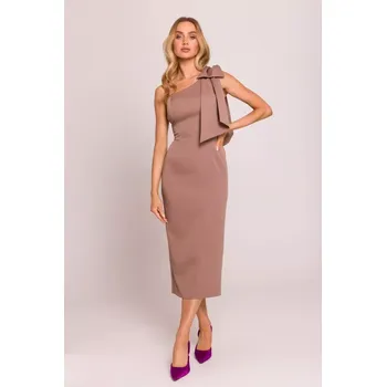 Dámské šaty M847 Šaty na jedno rameno s mašlí - mocca EU S