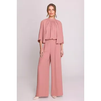 Dámský overall S397 Kombinéza s širokými rukávy a rozdělenými zády - růžová EU XL