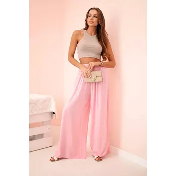 Dámské kalhoty široké dámské viskózové kalhoty s elastickým pasem světle růžové UNI
