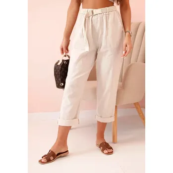 Dámské lněné kalhoty s bavlnou a páskem béžové UNI