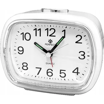 Budík Bílý analogový budík s plynulým chodem, odložením buzení a podsvícením, na baterie