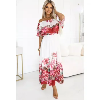 Dámské šaty 606-1 Dlouhé letní šaty - květinový červený ombre vzor UNI