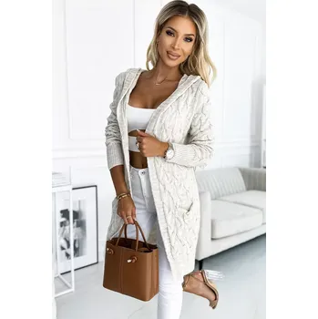 Dámské pončo 491-1 Svetr s kapucí a kapsami - béžový kostkovaný UNI