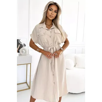 Dámské šaty 550-1 Midi košilka se zlatými knoflíky, vázáním a krátkými rukávy - béžová UNI