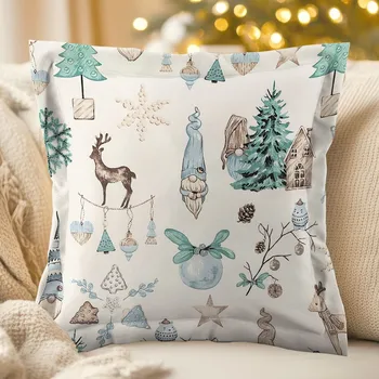 Povlak na polštářek Bavlněný povlak na polštář s lemem Sandra SA-662 Modro-zeleno-hnědý vánoční vzor 50 x 50 cm