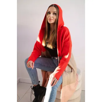 Dámský svetr Pruhovaný svetr s kapucí červená+velbloudí+pudrově růžová UNI