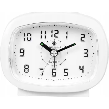 Budík Bílý analogový budík s plynulým chodem, odložením buzení a podsvícením, na baterie