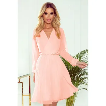 Dámské oblečení ISABELLE - Plisované dámské šaty v broskvové barvě s dekoltem a dlouhými rukávy 313-2 XL