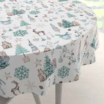 ubrus Bavlněný kulatý ubrus Sandra SA-662 Modro-zeleno-hnědý vánoční vzor Ø 40 cm