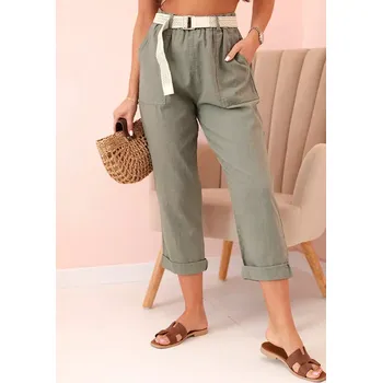 Dámské kalhoty Dámské lněné kalhoty s bavlnou a páskem khaki UNI