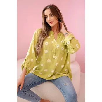 Dámská halenka Lněná dámská halenka s květinovým vzorem, dlouhými rukávy a knoflíky kiwi UNI