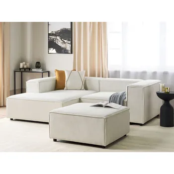 Obývací stěna 3místná modulární rohová pohovka krémově bílá manšestrové čalounění levostranná černé nohy s taburetem moderní styl obývací pokoj Beliani