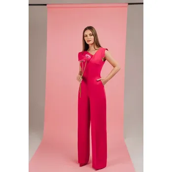 Dámský overall S407 Elegantní overal s asymetrickým výstřihem - růžový EU XL