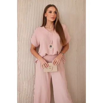 Komplet s náhrdelníkem halenka + kalhoty tmavě pudrově růžová UNI