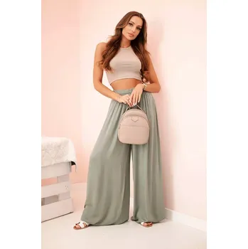 Dámské kalhoty Široké dámské kalhoty z viskózy s elastickým pasem khaki UNI