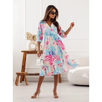 Dámské šaty Světle modro-růžové dámské šaty s přeloženým obálkovým výstřihem (704) odstíny modré S (36)