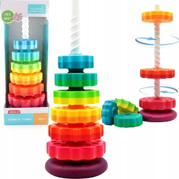 Dřevěná hračka ZAKROUCENÁ PYRAMIDA VĚŽ DUHOVÁ VZDĚLÁVACÍ MONTESSORI NEJVĚTŠÍ XXL 41CM