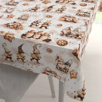 ubrus Bavlněný obdélníkový ubrus Sandra SA-663 Hnědí skřítci s perníčky na bílém 60x100 cm