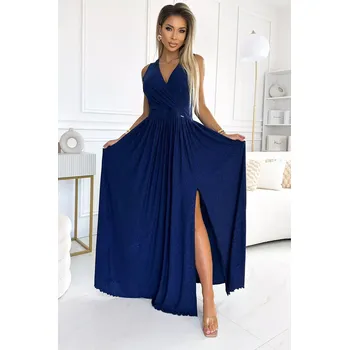 Dámské šaty 362-9 JUSTINE Dlouhé šaty se srdíčkovým výstřihem a zavazováním na zádech - GRANITE se třpytkami XL