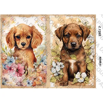 Umělecký papír Rýžový a soft papír na decoupage - Štěňátka s květinami- KB01265 Materiál: Soft, Rozměr: A4