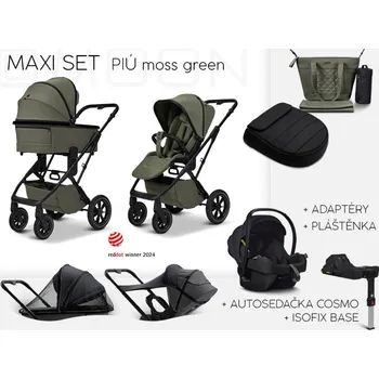 Kočárek Trojkombinace kočárku Moon PIÚ Maxi set s bází 2025 - Black chrome Black chrome - MOSS GREEN
