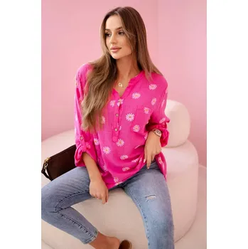 Dámská halenka Lněná dámská halenka s květinovým vzorem, dlouhými rukávy a knoflíky Růžová UNI