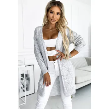 Dámský svetr 486-1 Cardigan - svetr s prodlouženým zadním dílem s prolamovanými diamanty - GREY UNI