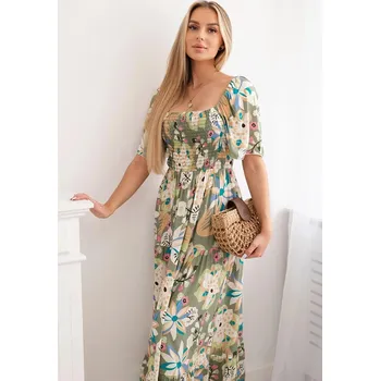 Dámské šaty Viskózové šaty s volánkovým výstřihem 29477 khaki - Kesi UNI