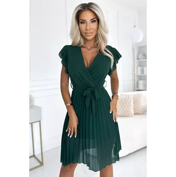 Dámské šaty 424-6 Šifonové plisované šaty s výstřihem a volánky - BOTTLE GREEN UNI