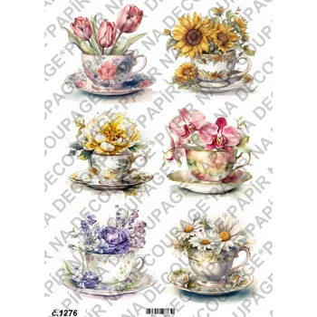 Umělecký papír Rýžový a soft papír na decoupage - Květiny v hrníčku - KB01276 Materiál: Soft, Rozměr: A4