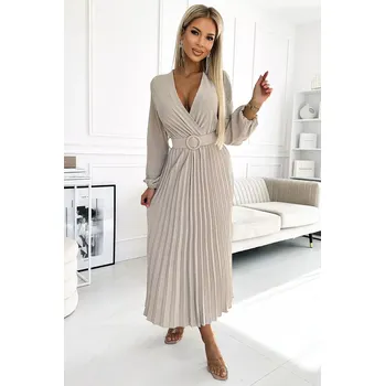 Dámské šaty 504-2 VIVIANA Plisované midi šaty s výstřihem, dlouhými rukávy a širokým páskem - BEACH UNI